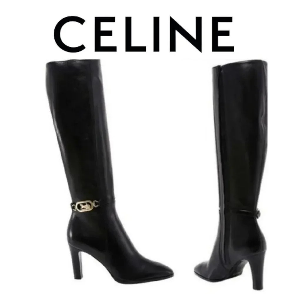 Celine Woman's 85 authentic Black 100% calf skin Leather Boots Size 38.5